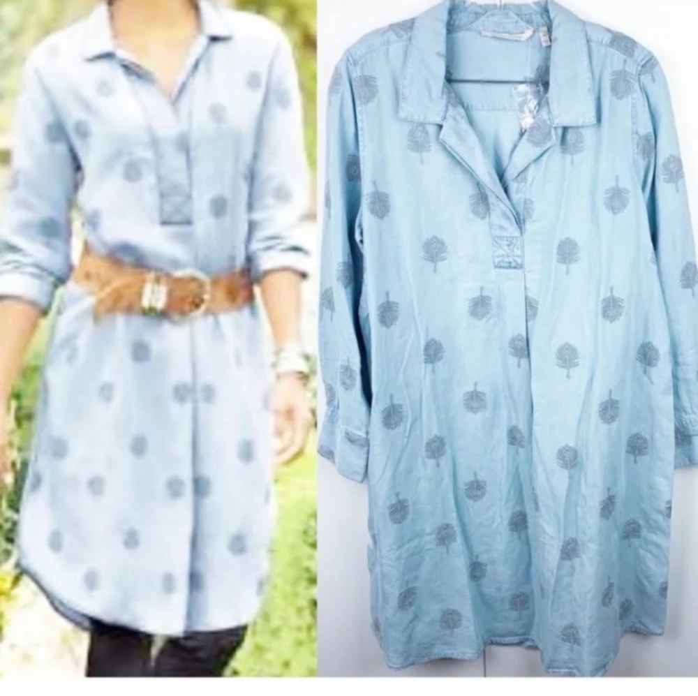 Soft Surroundings Women Shirt Dress Chambray Tunic front Long Sleeves Pe…